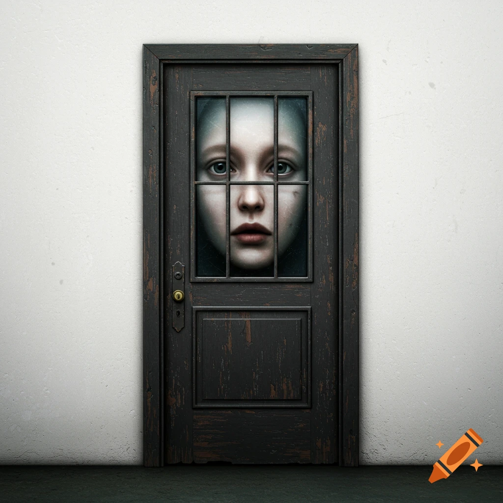 A child's face stares through the barred window of a dark door set in a white wall.