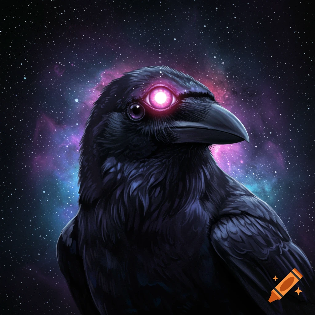 A black crow with a glowing pink third eye stands against a galaxy starfield background.