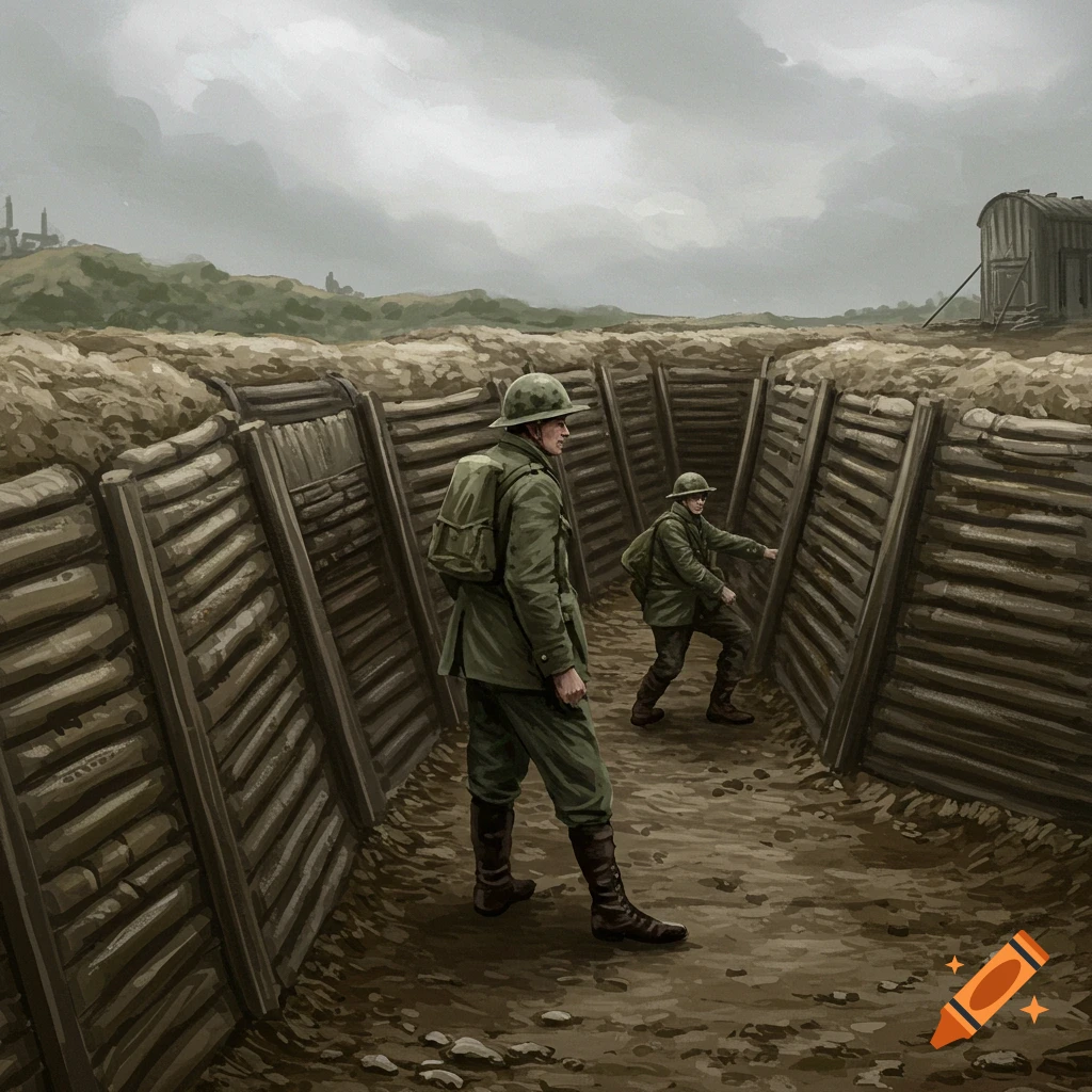 Two soldiers in a WWI trench.