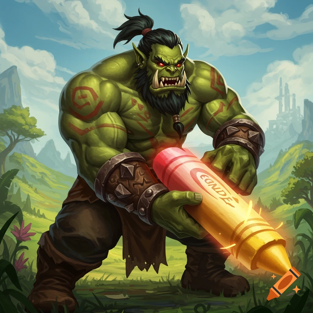 A muscular green orc wielding a giant crayon in a fantasy landscape.