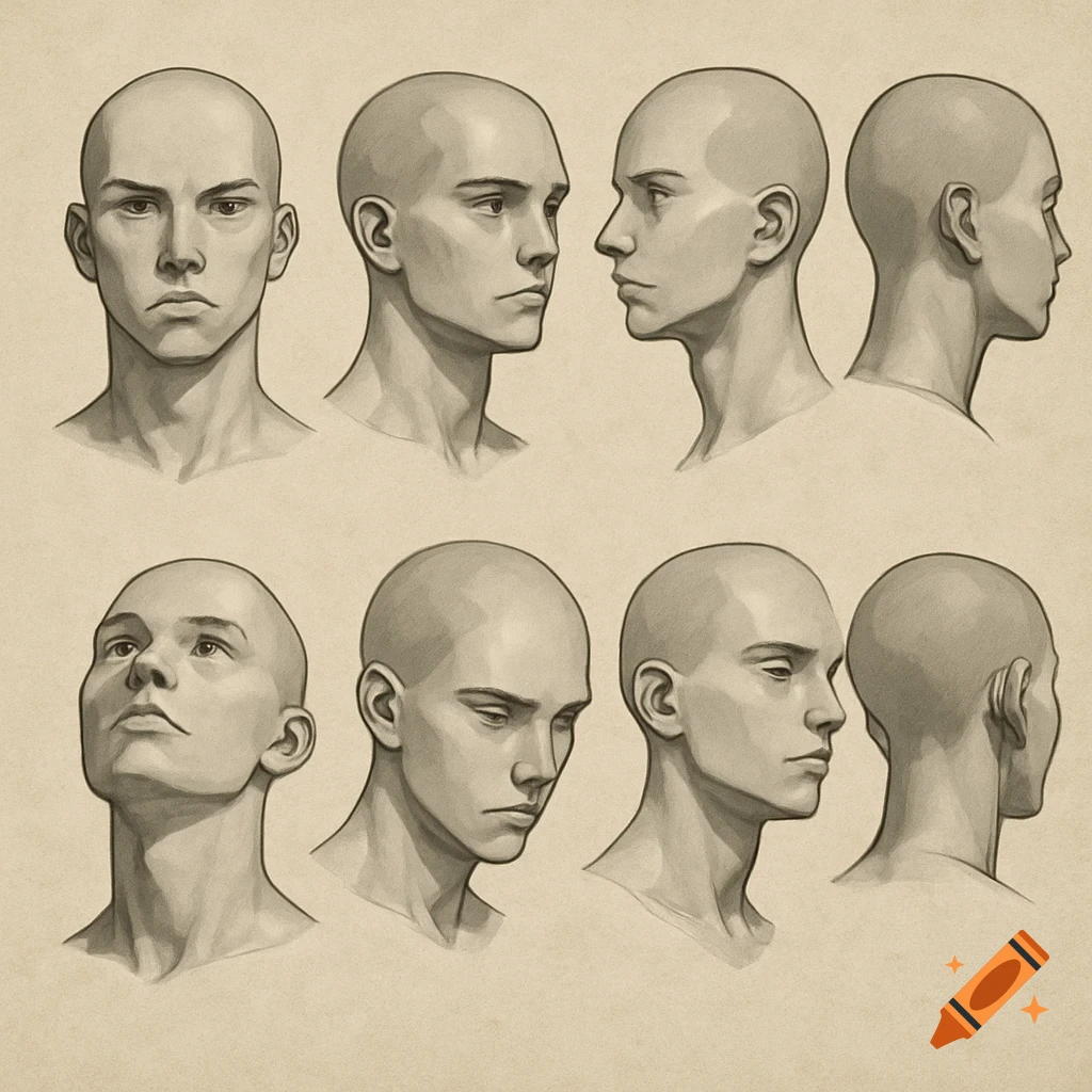 Digital drawing showing multiple views and angles of a bald human head