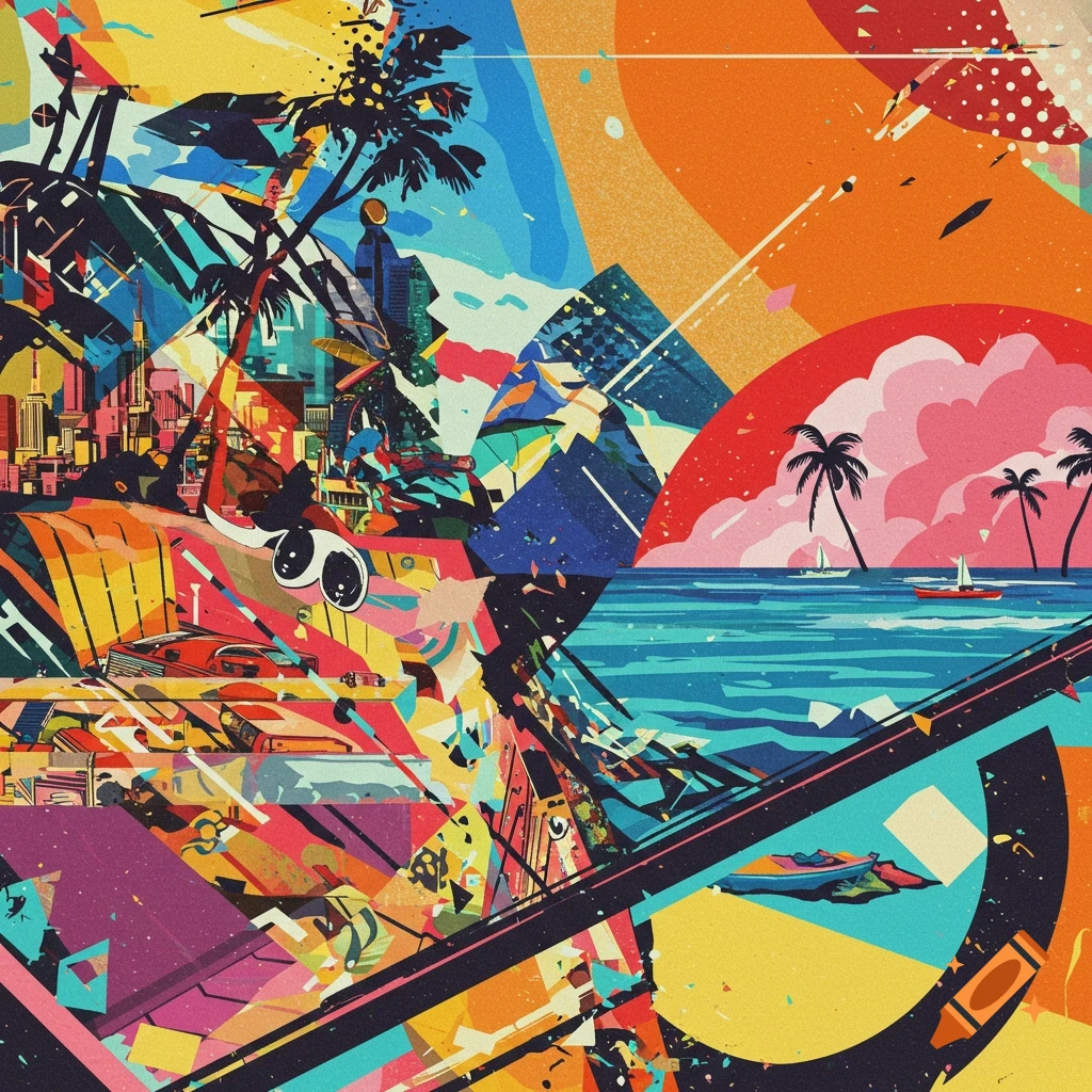 Colorful abstract collage of a tropical beach, ocean, sailboats, and geometric cityscape