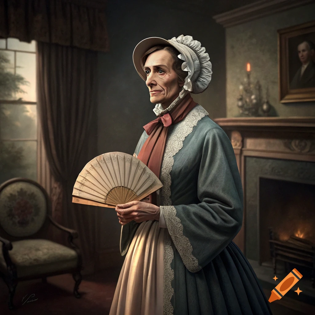 Portrait of a woman in historical dress holding a fan in an ornate room.