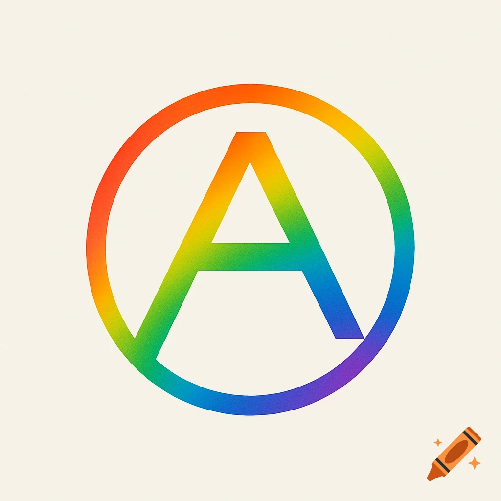 Anarchy symbol with a rainbow gradient inside a circle on a light background