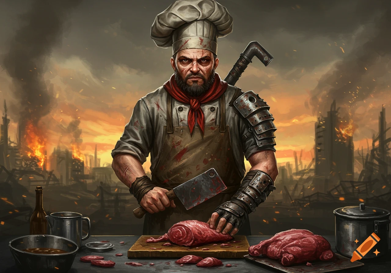 Apocalyptic chef cutting meat in front of a destroyed city.