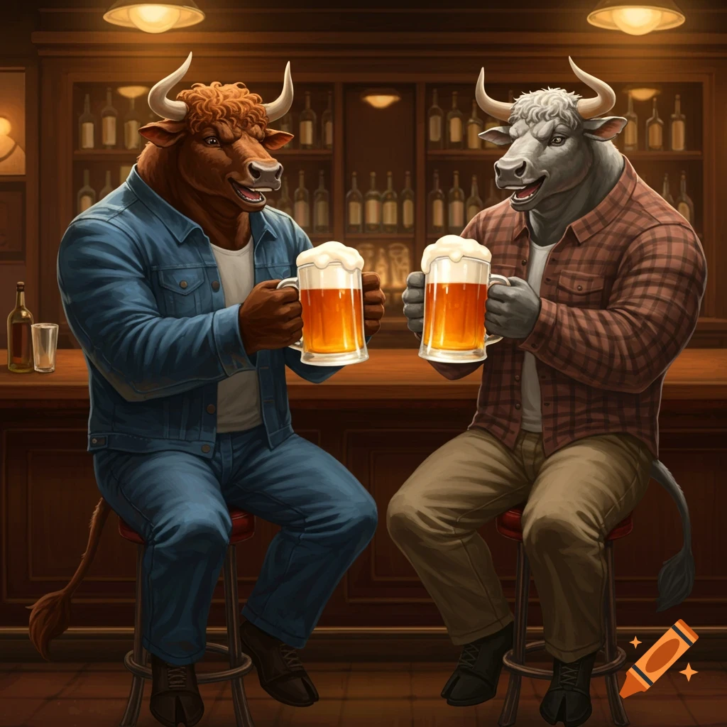 Two anthropomorphic bulls cheering beer mugs at a bar