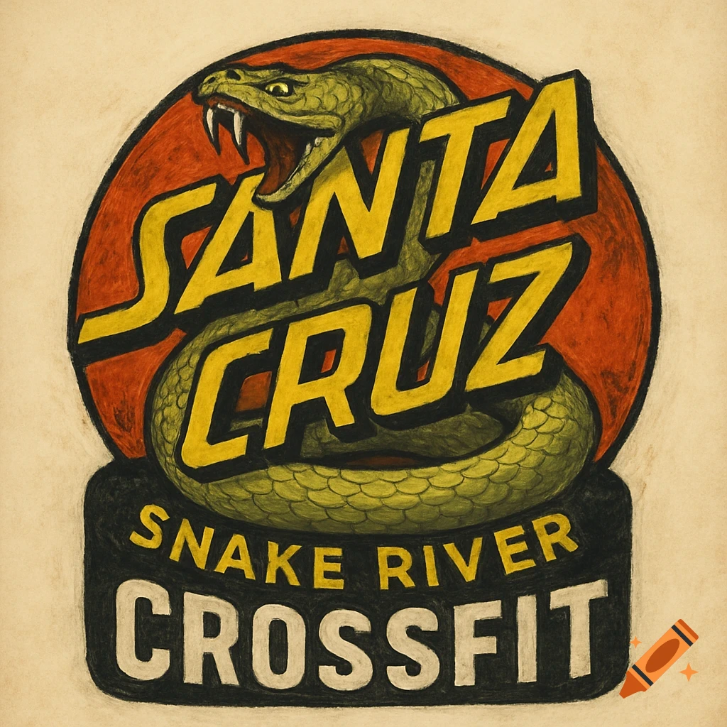 A vintage-style logo with a snake and text SANTA CRUZ, SNAKE RIVER CROSSFIT.