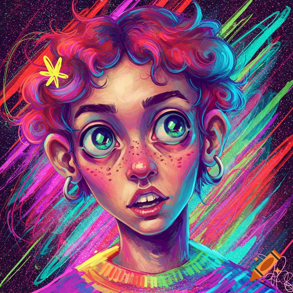 A portrait of a person with red curly hair, large green eyes, and colorful abstract background.