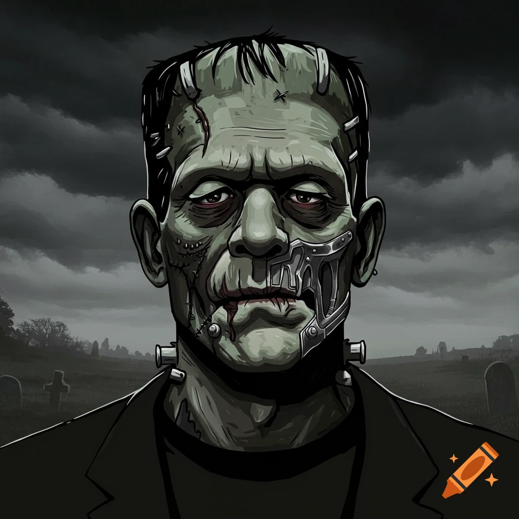 Frankenstein's monster with a metal jaw in a graveyard