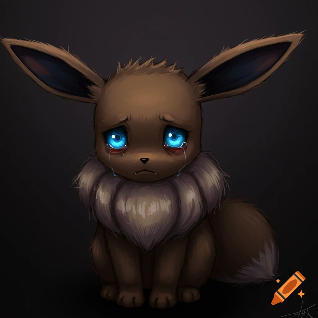 A sad, crying Eevee with glowing blue eyes in the dark.