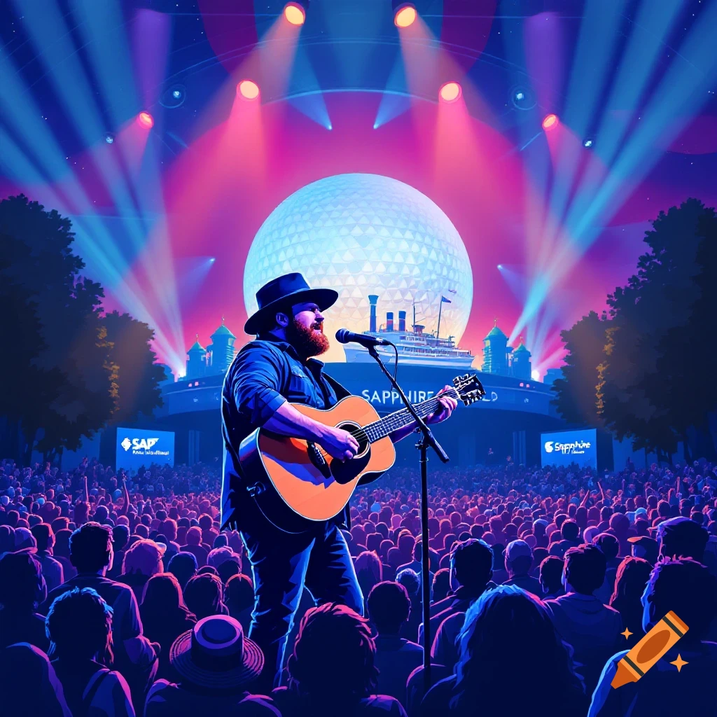 A musician plays guitar on stage during a concert, illuminated by colorful lights, in front of a crowd and the EPCOT sphere.