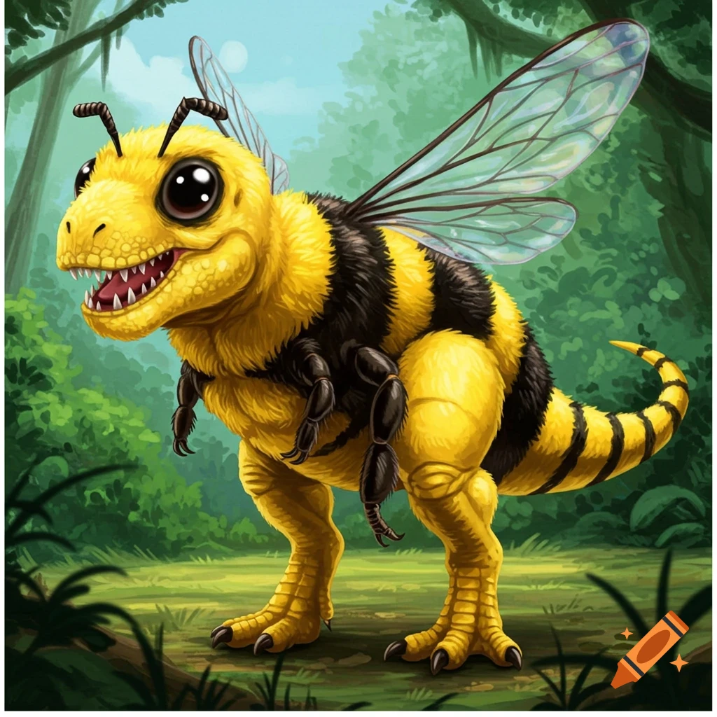 A dinosaur body with a bumblebee head, wings, and stripes in a jungle.