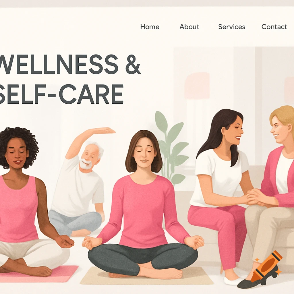 A website banner illustration with text "WELLNESS & SELF-CARE", showing a diverse group of people doing yoga, meditation, and talking.