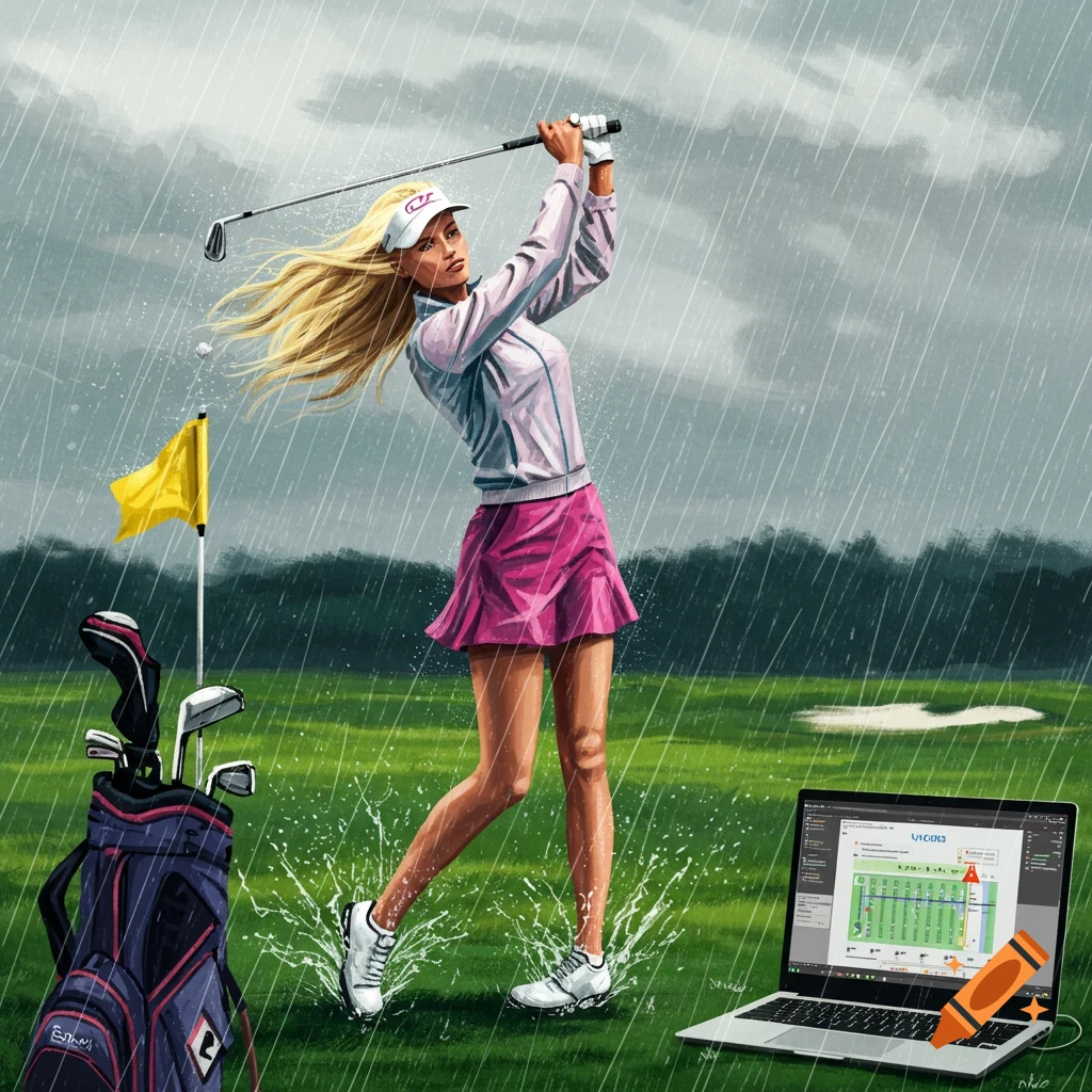 A blond woman golfing in the rain