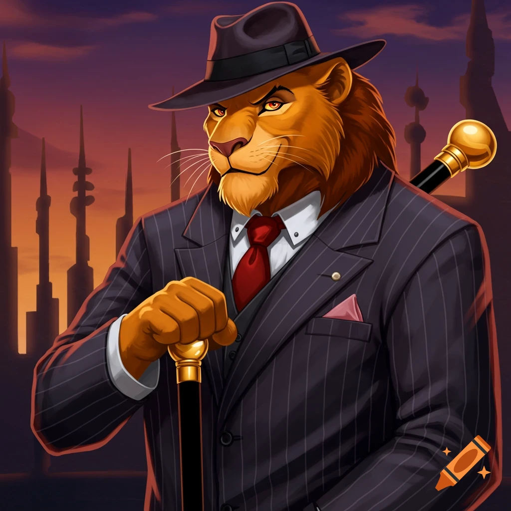 An anthropomorphic lion in a pinstripe suit, fedora, and holding a cane.