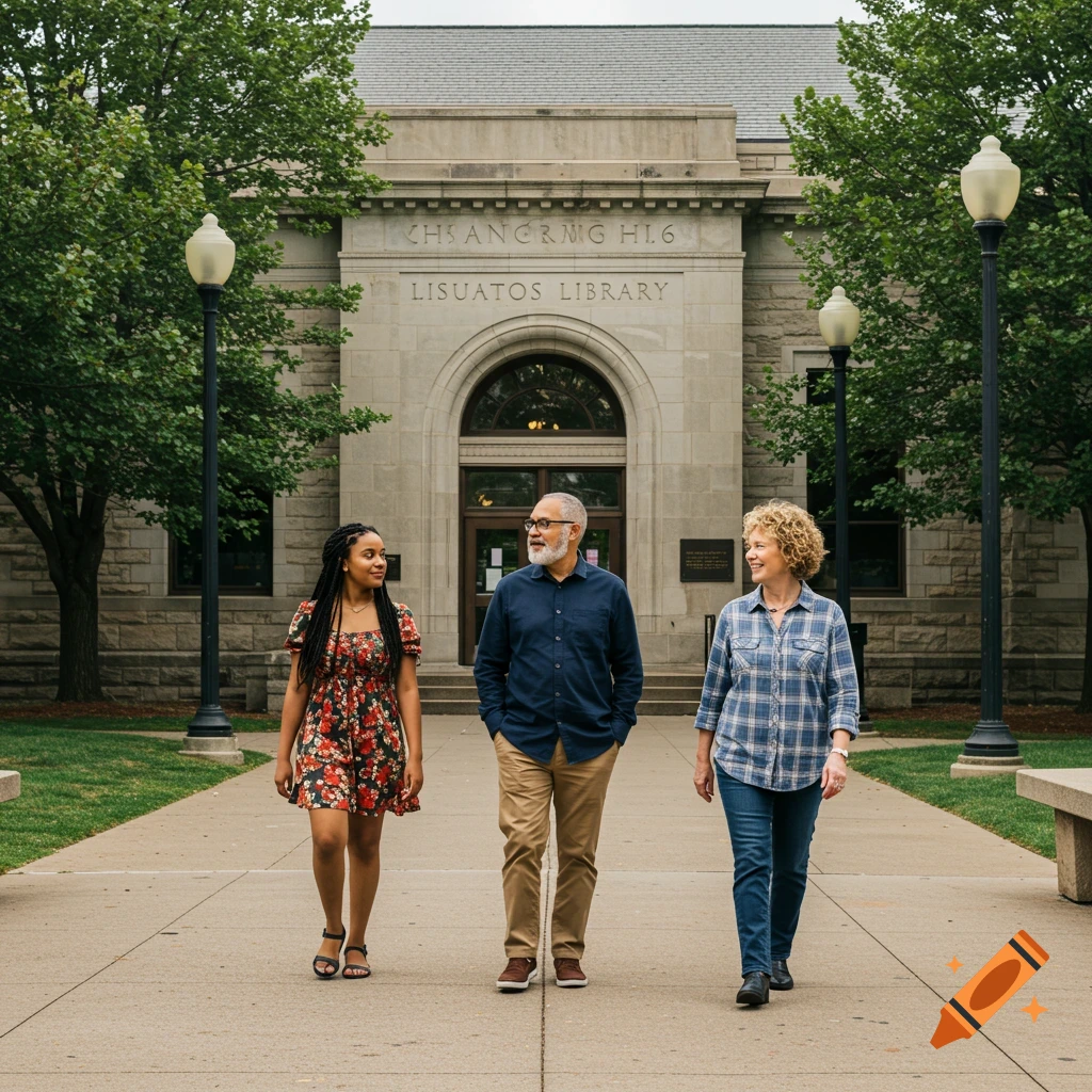Three people walk towards a library building on a campus.