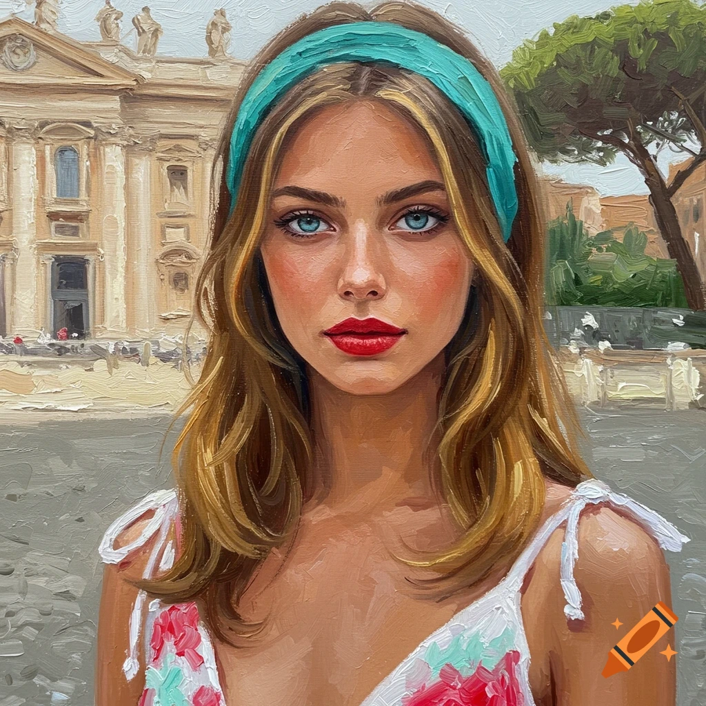 An impasto oil painting of a woman with a turquoise headband and red lipstick, a building in the background.