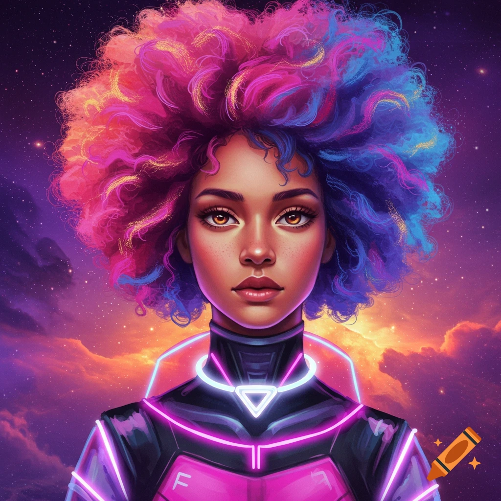 A woman with vibrant multi-colored hair in glowing sci-fi armor against a cosmic background.