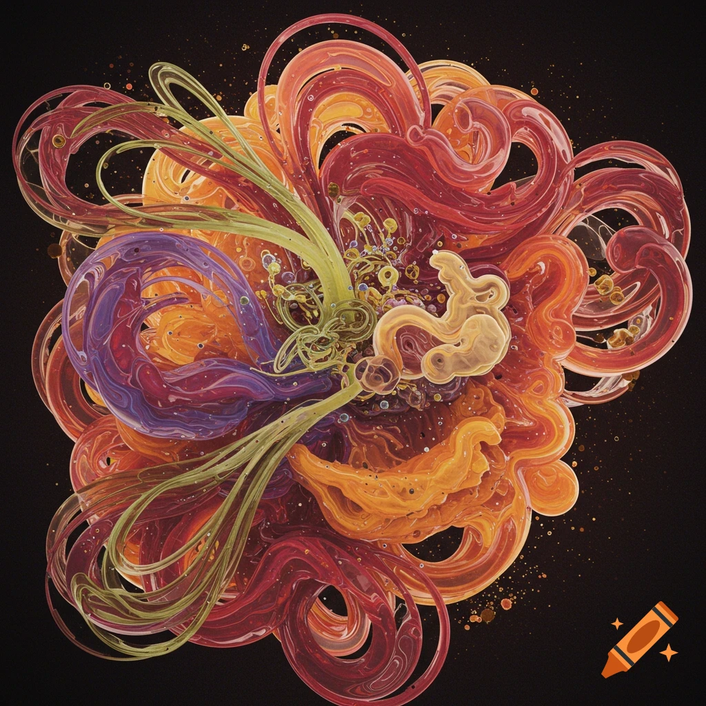 An abstract image of swirling organic shapes in orange, red, yellow, purple, and green against a black background.