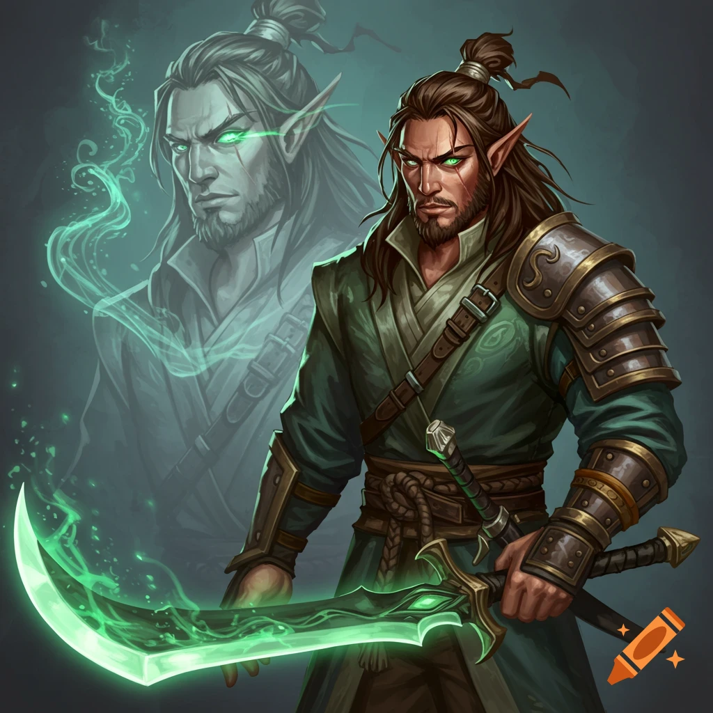 A fantasy half-elf with green eyes, holding a glowing curved sword, with an astral projection behind him.