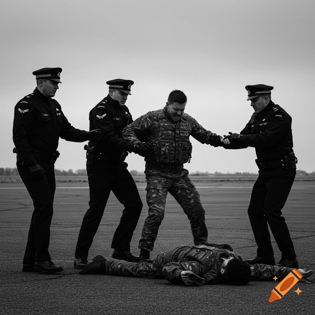 Black and white photo of police arresting military personnel on the ground and struggling.