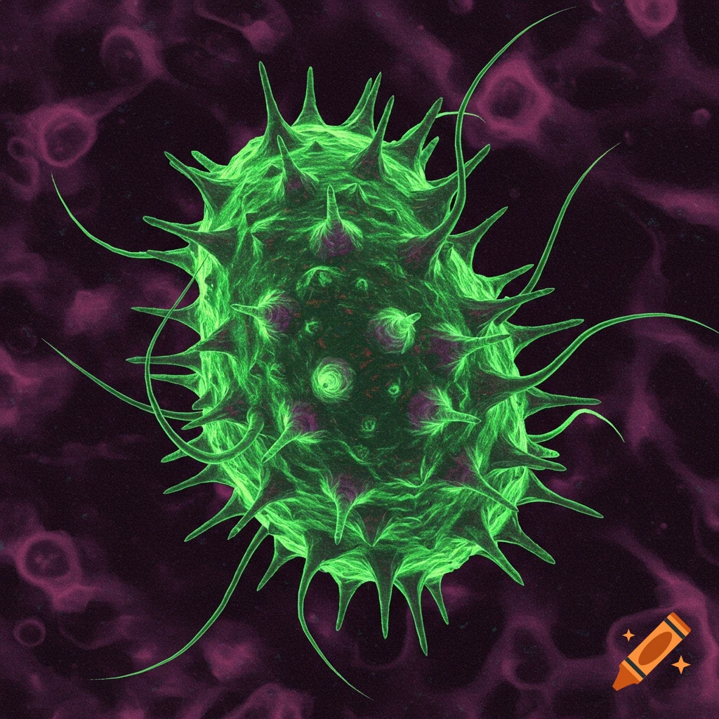 A green spiky germ or virus against a dark purple background.