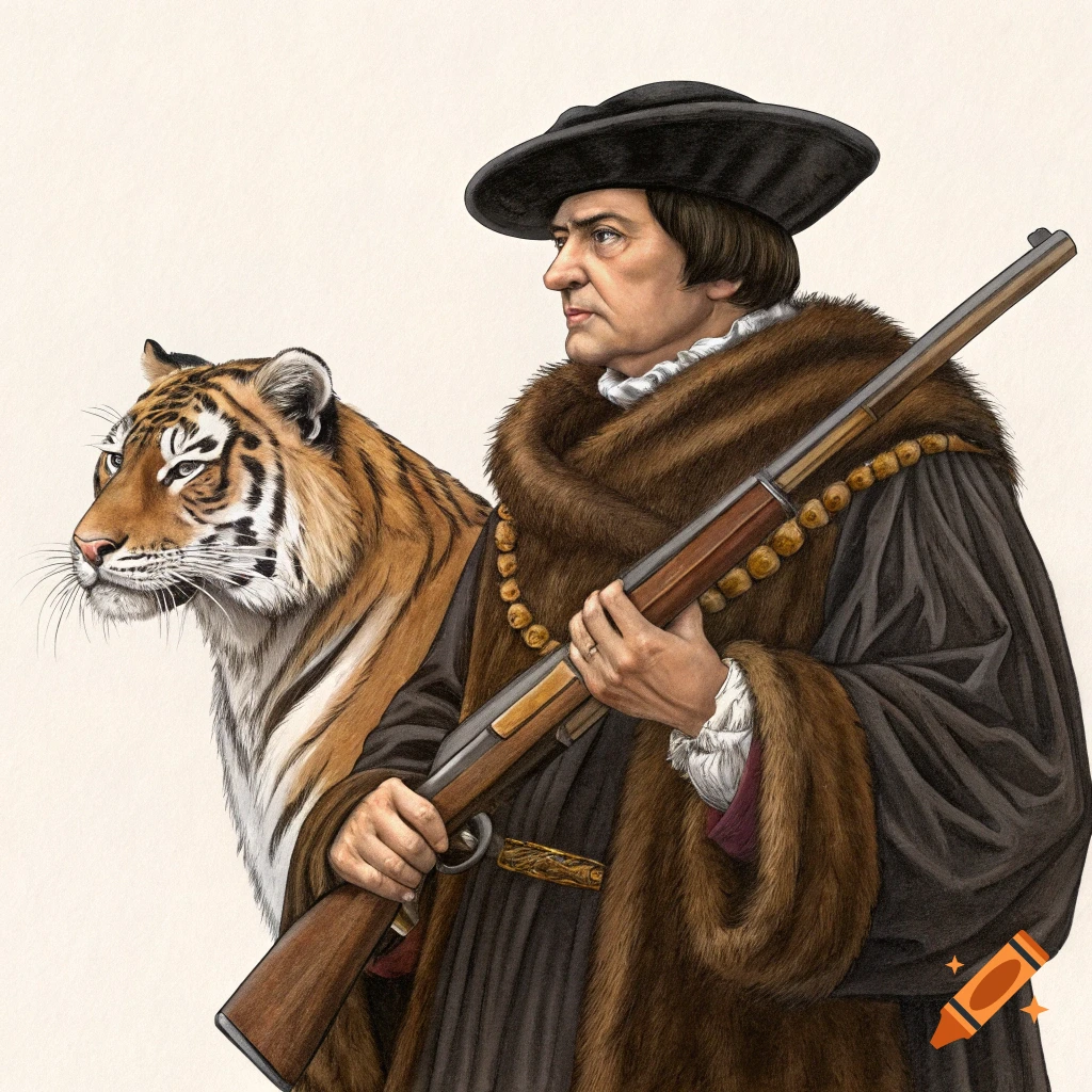Realistic illustration of a man in historical clothes and a tiger standing together, holding a rifle.
