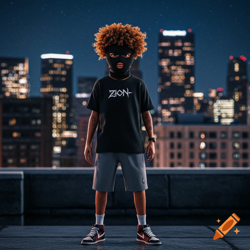 Action figure character in a balaclava and t-shirt on a rooftop at night, with city skyscrapers in the background.