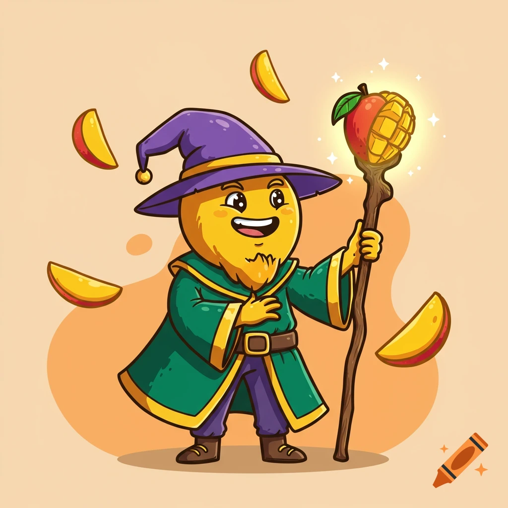 Cartoon mango character dressed as a wizard holding a staff with a glowing mango, with mango slices floating.