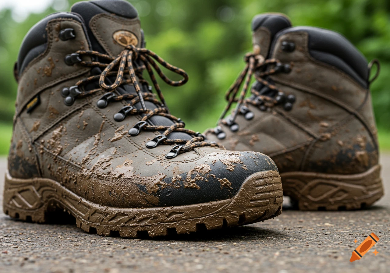 A pair of muddy brown hiking boots
