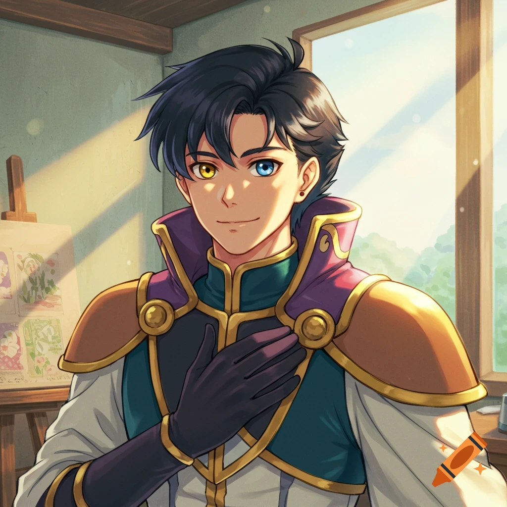 Anime portrait of a fantasy character with heterochromia eyes wearing armor, hand on chest in a sunlit room.