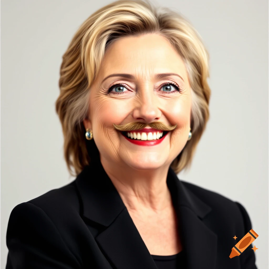 Photorealistic portrait of a smiling Hillary Clinton with a mustache.