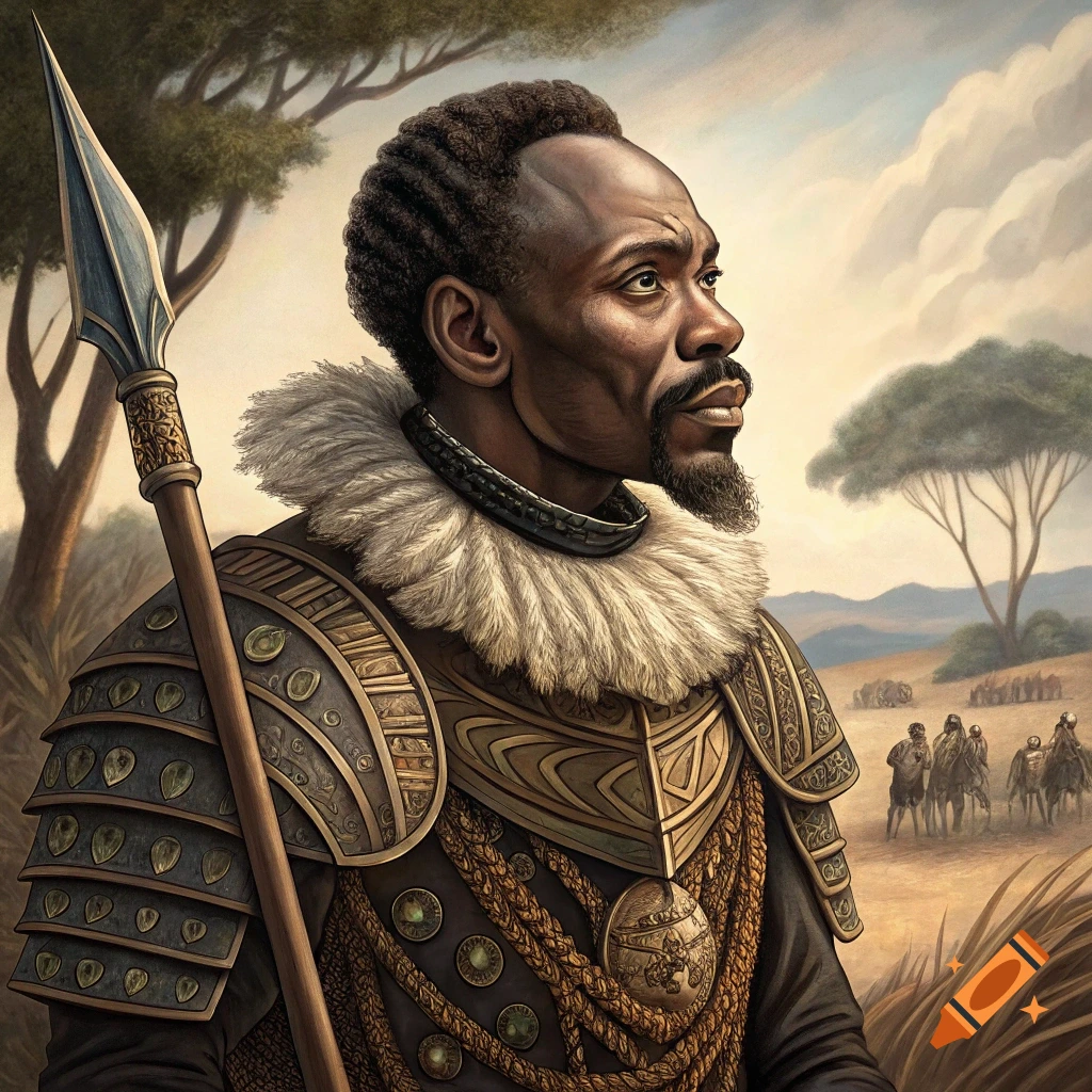 Portrait of a dark-skinned man in ornate armor holding a spear, looking over a savanna landscape.