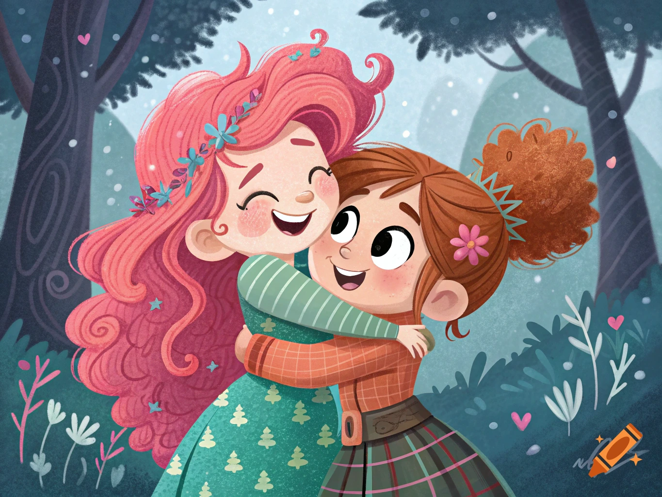 Cartoon illustration of two smiling girls hugging in a forest.