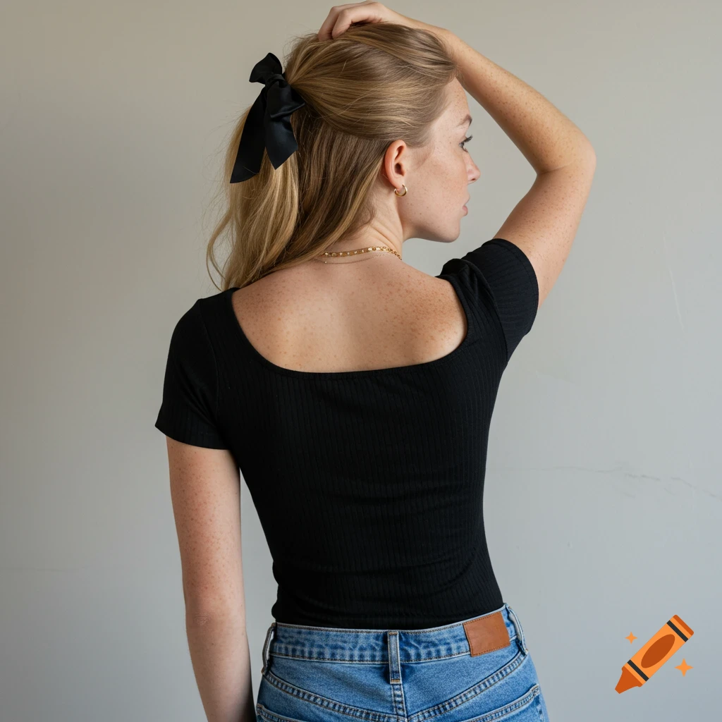 Back view of a blonde woman with freckles wearing a black ribbed shirt, blue jeans, gold choker, and black hair bow, turned to the side.
