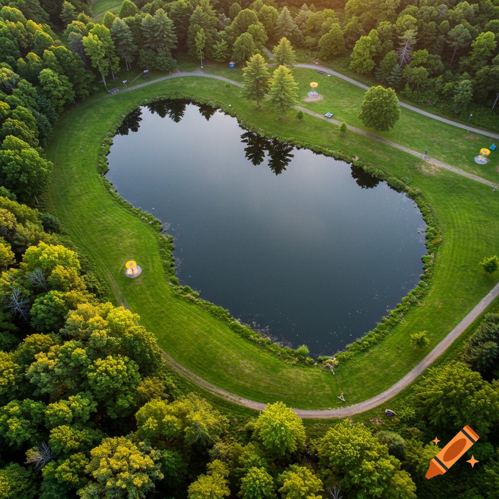 Aerial view of a heart-shaped pond in a park surrounded by trees, grass, and walking paths.