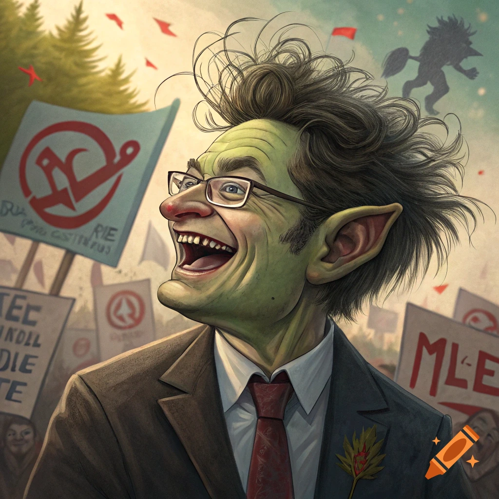 Caricature of a smiling green-skinned troll wearing a suit and glasses at a political rally with signs.