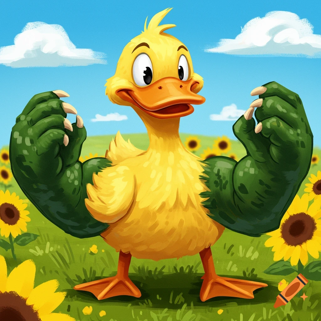 A cartoon duck with large green T-Rex arms stands in a sunflower field.