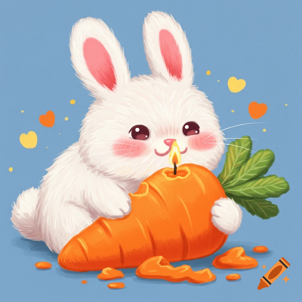 Cute white rabbit hugs a burning carrot candle.