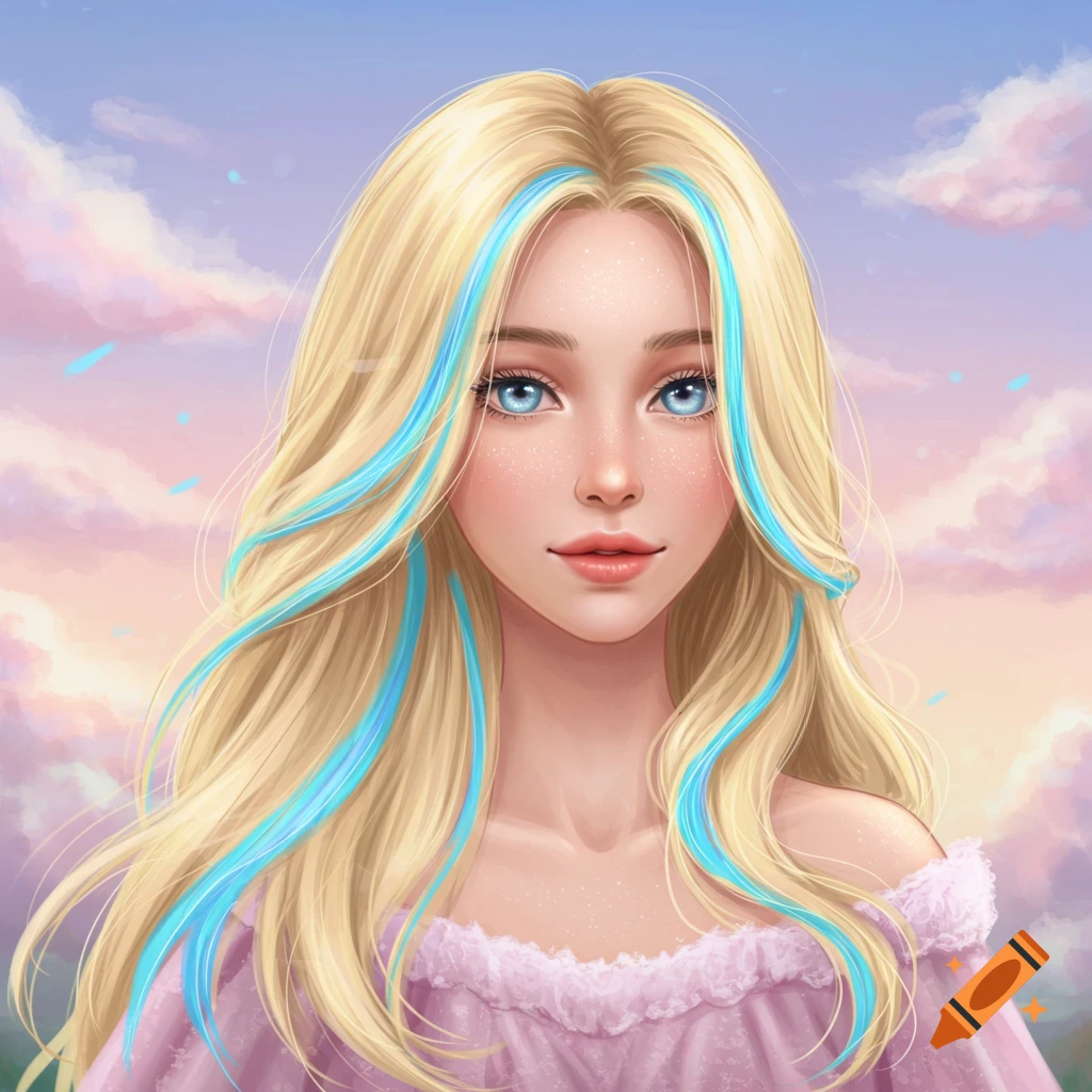 A stylized digital portrait of a blonde woman with bright blue streaks in her hair against a pastel sky.