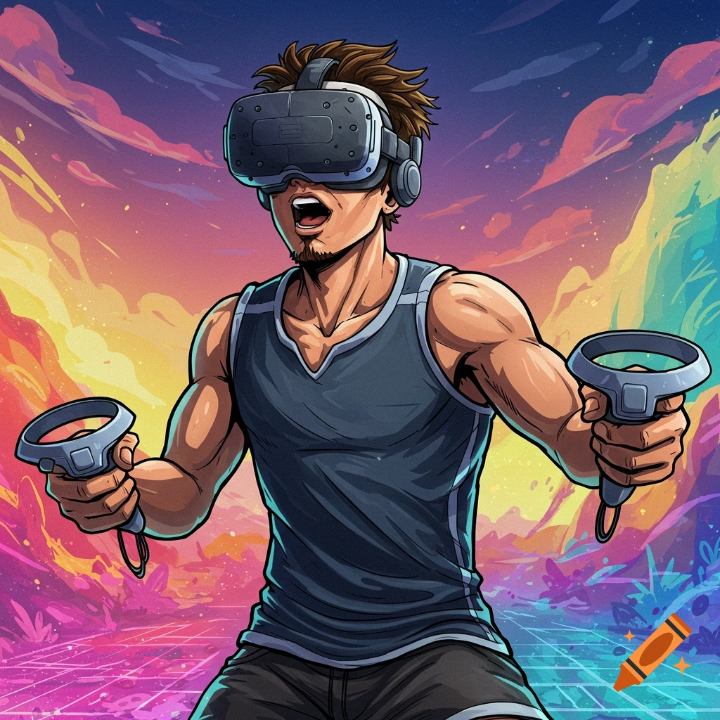 A man playing virtual reality with controllers against a colorful abstract background.