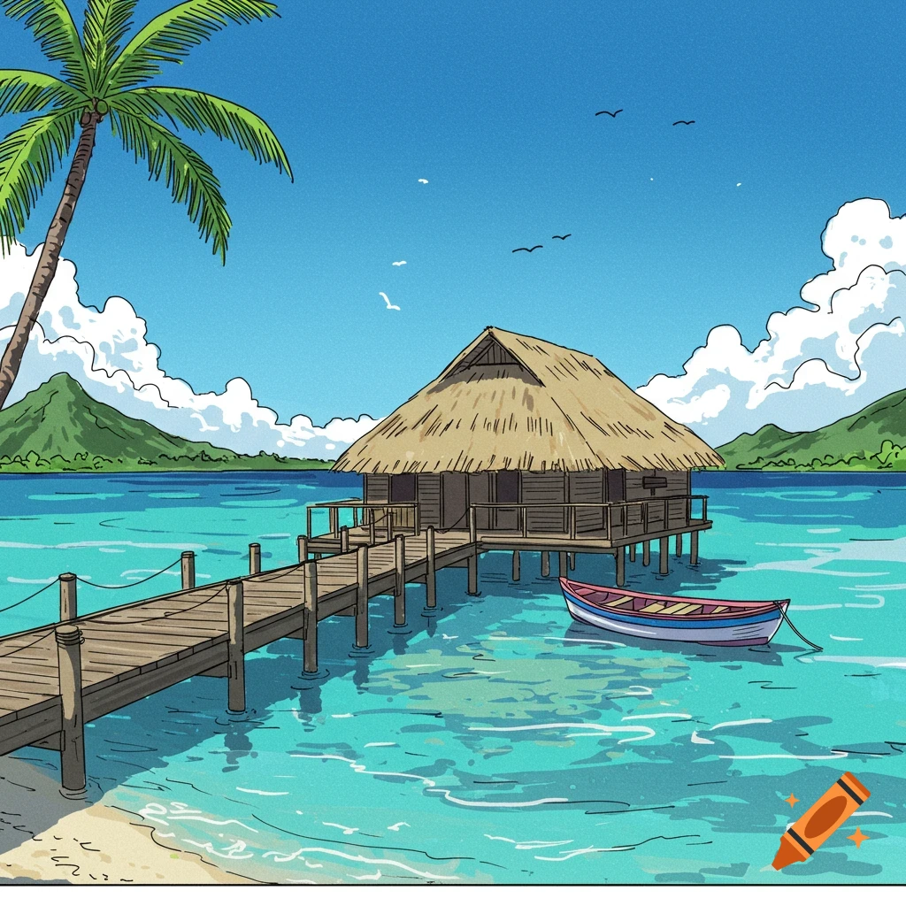 Drawing of a tropical beach with a hut on stilts, dock, boat, and palm tree.