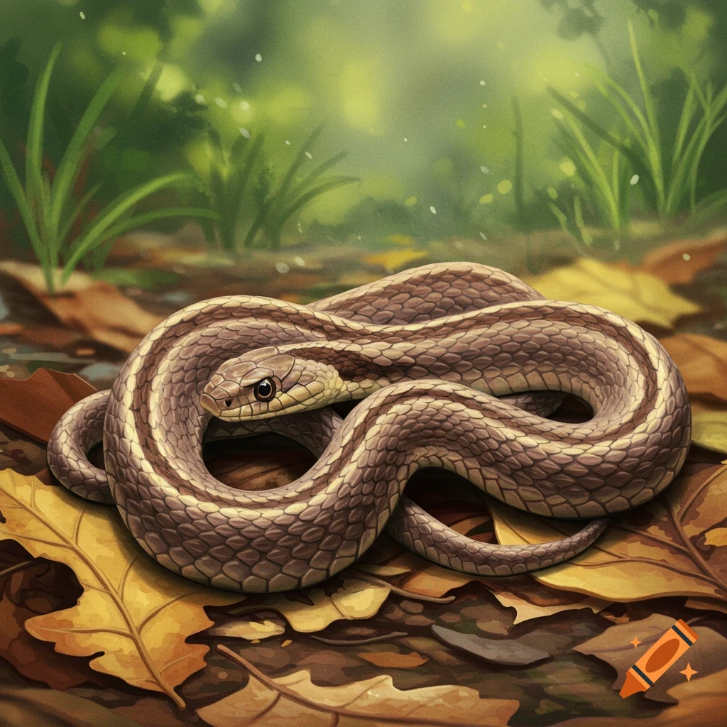 A brown snake coiled on dead leaves in a forest.