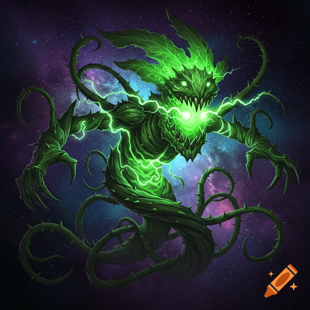A green thorny plant monster with glowing eyes and lightning in space.