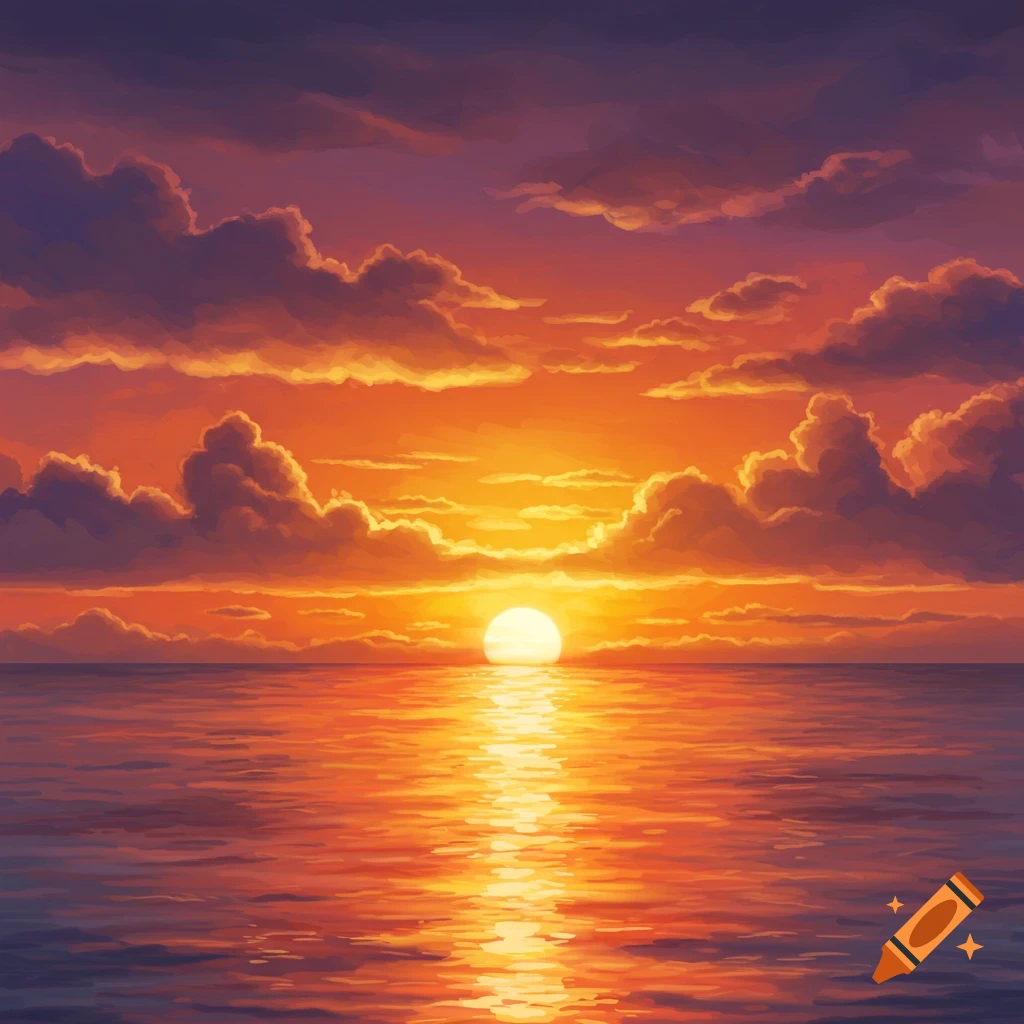 A bright sunrise over the ocean with dramatic orange and purple clouds.