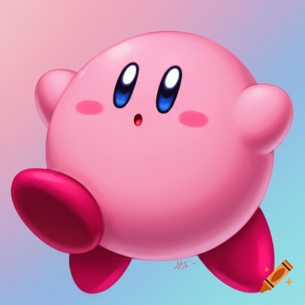 The pink, round character Kirby is floating against a pastel background.