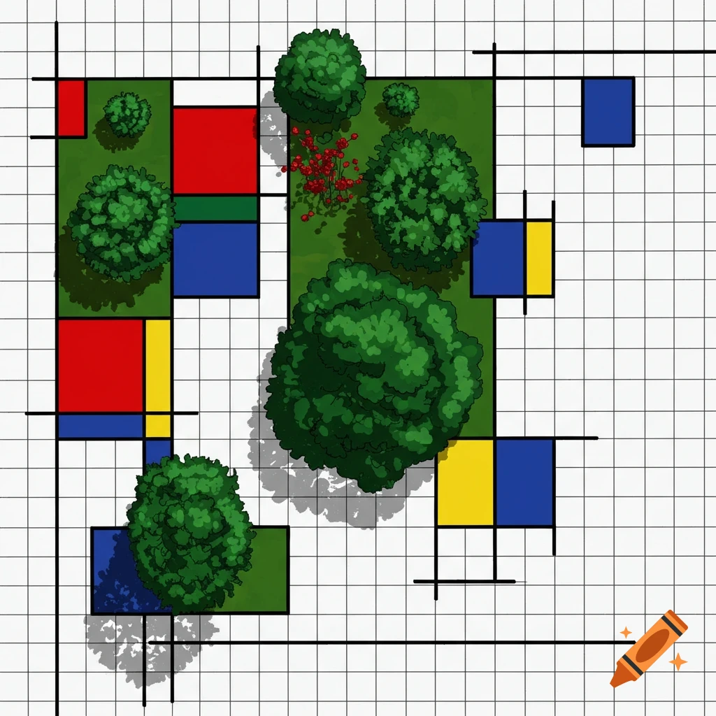 Top-down abstract design of a garden or landscape in the style of Mondrian, with blocks of red, yellow, blue, and green, trees, and black grid lines on a white background.