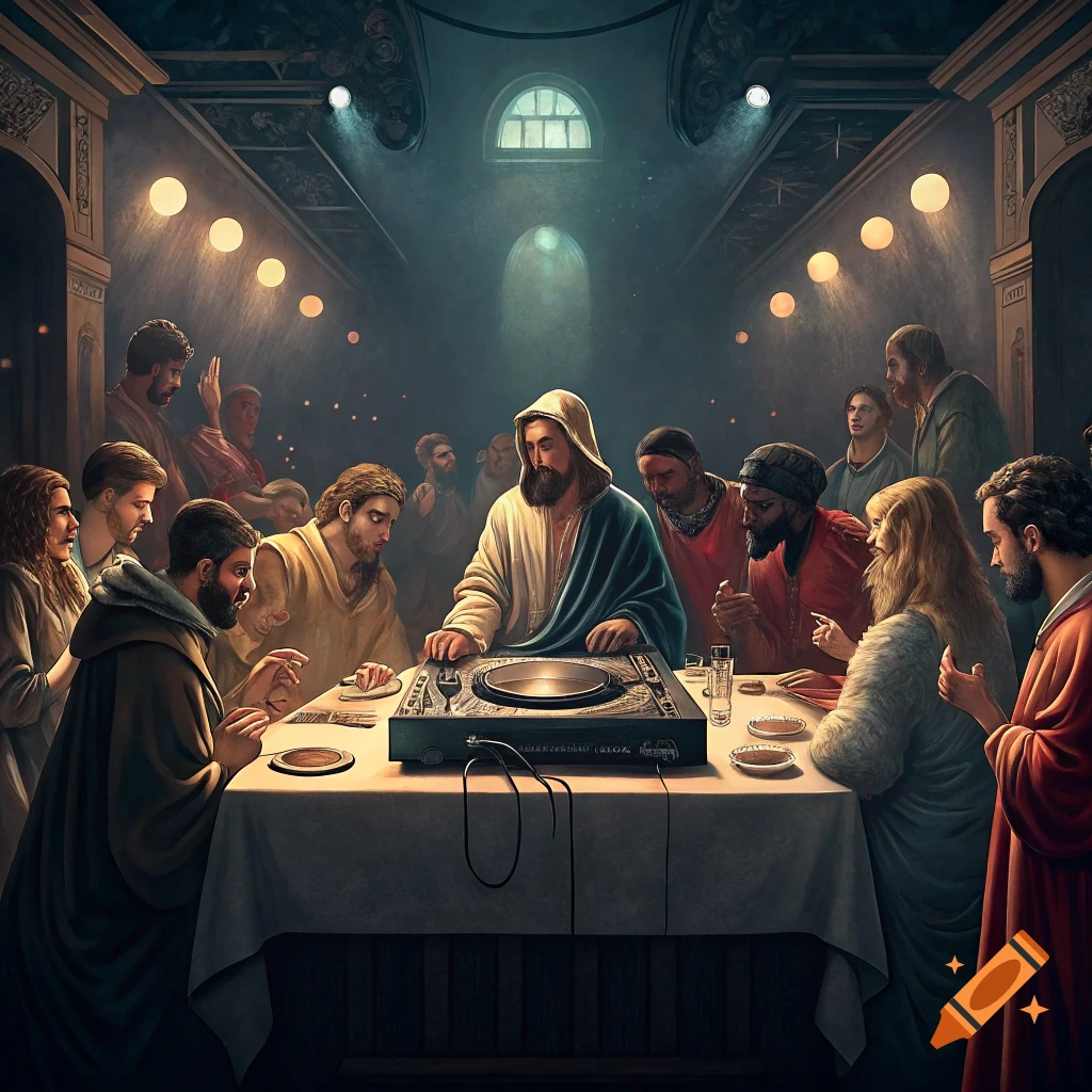 Painting of Jesus as a DJ at a table with his disciples, in a theatrical style.