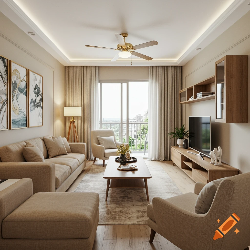A modern living room with beige sofas, a coffee table, TV unit, and a balcony.