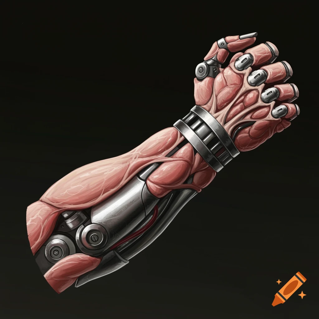 A detailed bionic arm with exposed muscle and metal components.